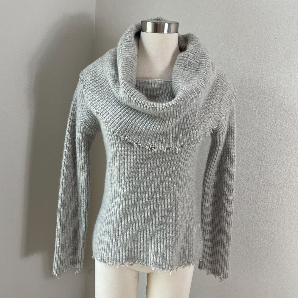 Rta‎ Womens XXS Gray Cowl Neck 100% Cashmere Sweater Ribbed Knit Distressed Hem